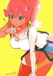  1girl aina_ardebit blue_eyes dated gloves highres midriff open_mouth pink_hair promare shorts side_ponytail signature solo suspenders sweat thigh-highs umino_atari 