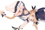  1girl animal_ears animal_hat bangs bare_arms bare_shoulders black_jacket black_ribbon blonde_hair blue_headwear braid bunny_hat collared_shirt dokomon eyebrows_visible_through_hair fake_animal_ears fake_facial_hair fake_mustache girls_frontline hair_between_eyes hair_ribbon hat jacket long_hair looking_at_viewer lying navel on_side open_clothes open_jacket open_shirt parted_lips pleated_skirt rabbit_ears ribbon shadow shirt sidelocks skirt sleeveless sleeveless_jacket sleeveless_shirt solo sr-3mp_(girls_frontline) twin_braids twintails very_long_hair violet_eyes white_background white_shirt white_skirt 