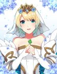  1girl blonde_hair blue_eyes blue_hair bride clover crown dress fire_emblem fire_emblem_heroes fjorm_(fire_emblem) flower four-leaf_clover gradient_hair hair_flower hair_ornament holding intelligent_systems multicolored_hair nintendo open_mouth riki_my_p short_hair solo super_smash_bros. upper_body veil wedding_dress white_dress 