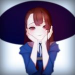  1girl brown_hair closed_mouth hat highres kagari_atsuko little_witch_academia looking_at_viewer red_eyes simple_background smile solo witch_hat 