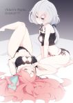  2girls black_bra black_panties blue_eyes bow bra cat_cutout cat_ear_panties cat_lingerie cleavage_cutout commentary_request frilled_bra frills grey_eyes grey_hair haya_bs highres knees_up konno_junko low_twintails lying meme_attire minamoto_sakura multiple_girls on_back on_bed panties pink_hair polka_dot polka_dot_bow redhead ribbon seiza side-tie_panties side_ponytail sitting twintails underwear underwear_only zombie_land_saga 