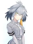  asutora bangs belt blue_background breast_pocket breasts commentary_request elbow_gloves eyebrows_visible_through_hair gloves gradient gradient_background grey_hair grey_shirt hair_between_eyes head_tilt highres kemono_friends large_breasts looking_at_viewer necktie pocket shirt shoebill_(kemono_friends) short_hair short_sleeves upper_body v_arms white_background white_gloves white_neckwear yellow_eyes 