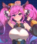  1girl :&lt; arm_behind_head armpit_peek artist_name bare_shoulders black_bow black_neckwear blue_background blue_hair blush bow bowtie breasts cleo_(dragalia_lost) commentary detached_sleeves dragalia_lost english_commentary gradient gradient_background gradient_hair hair_bow highres large_breasts looking_at_viewer maid_headdress multicolored_hair patterned_background purple_background purple_hair signature sleeve_cuffs solo twintails upper_body violet_eyes watermark yokura_(yukilina) 