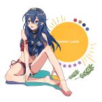  1girl bare_shoulders blue_eyes blue_hair blush fire_emblem fire_emblem_awakening fire_emblem_cipher full_body highres long_hair lucina navel open_mouth pikapika_hoppe shorts simple_background smile solo swimsuit tiara 