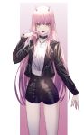  1girl :d absurdres bangs belt black_belt black_jacket black_shorts blunt_bangs choker crescent_necklace darling_in_the_franxx eyebrows_visible_through_hair green_eyes highres hongsung0819 jacket long_hair long_sleeves looking_at_viewer midriff nail_polish open_clothes open_jacket open_mouth pink_hair red_nails shirt short_shorts shorts smile solo standing stomach straight_hair thigh_gap very_long_hair white_background white_shirt zero_two_(darling_in_the_franxx) 