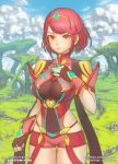  1girl armor bangs breasts day earrings gloves pyra_(xenoblade) jewelry landscape large_breasts looking_at_viewer marfrey outdoors patreon_username red_eyes redhead short_hair solo staring swept_bangs tiara twitter_username watermark web_address xenoblade_(series) xenoblade_2 