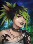  1girl animal_ears black_hair black_lips cat_ears choker eyepatch facial_mark fangs final_fantasy final_fantasy_xiv green_eyes green_hair highres jewelry lips looking_at_viewer miqo&#039;te multicolored_hair necklace outdoors parted_lips short_hair signature solo tattoo two-tone_hair upper_body yra 