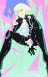  1boy absurdres biker_clothes black_gloves black_jacket closed_mouth cravat earrings gloves green_hair half_gloves hand_on_own_cheek highres jacket jewelry lio_fotia looking_at_viewer male_focus promare sieru sitting solo spread_legs violet_eyes 