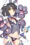  1girl animal_ears bangs bare_shoulders bell black_hair black_panties blue_ribbon blush breasts cat_ears cat_tail fate/kaleid_liner_prisma_illya fate_(series) fur_trim garter_straps gloves grey_gloves grey_legwear grey_vest hair_ornament hair_ribbon hairclip hands hands_up hong_(white_spider) jingle_bell long_hair looking_at_viewer magical_sapphire miyu_edelfelt navel open_mouth panties paw_gloves paws ribbon small_breasts tail thigh-highs twintails underwear vest wand white_ribbon wrist_cuffs yellow_eyes 