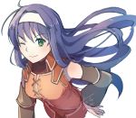  1girl ;) black_sleeves blue_hair cropped_torso detached_sleeves eyebrows_visible_through_hair fire_emblem fire_emblem:_path_of_radiance fire_emblem:_radiant_dawn floating_hair green_eyes hair_between_eyes hair_intakes hand_on_hip headband jacket long_hair long_sleeves looking_at_viewer mia_(fire_emblem) one_eye_closed orange_jacket simple_background sketch sleeveless_jacket smile solo upper_body very_long_hair white_background white_headband yukimiyuki 