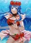  1girl air_bubble bangs bikini blue_eyes blush bubble canvas_(object) cute fire_emblem fire_emblem:_fuuin_no_tsurugi fire_emblem:_the_binding_blade fire_emblem_heroes flower flower_crown hair_between_eyes hair_flower hair_ornament happy highres intelligent_systems kyufe lilina long_hair looking_at_viewer navel nintendo simple_background smile solo swimsuit underwater water 