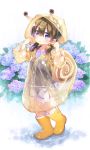  1girl backpack bag bangs blue_eyes boots brown_hair commentary_request eyebrows_visible_through_hair flower full_body hair_between_eyes hair_ornament hands_up hood hood_up hydrangea kito_(sorahate) long_sleeves looking_at_viewer low_twintails medium_hair orange_footwear original puddle rain raincoat rubber_boots see-through short_sleeves short_twintails shorts solo twintails water_drop 