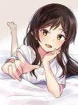  1girl bangs barefoot black_rabbit brown_hair head_rest highres idolmaster idolmaster_million_live! index_finger_raised kitazawa_shiho leg_up long_hair looking_at_viewer lying on_stomach open_mouth parted_bangs shirt short_sleeves solo white_background white_shirt yellow_eyes 