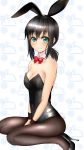  1girl animal_ears black_footwear black_hair black_legwear black_leotard bow bowtie breasts bunny_girl bunny_tail bunnysuit commentary_request detached_collar fubuki_(kantai_collection) green_eyes high_heels highres kantai_collection kiyu_fuyuki leotard long_hair looking_at_viewer low_ponytail medium_breasts pantyhose ponytail rabbit rabbit_ears red_neckwear shiny shiny_clothes sidelocks sitting snowflakes solo strapless strapless_leotard tail wariza white_background wrist_cuffs 