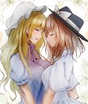  2girls :d ^_^ akehi_yuki bangs black_headwear blonde_hair blush bow breasts brown_hair closed_eyes commentary_request eyebrows_visible_through_hair facing_another fedora from_side grey_shirt hand_on_another&#039;s_cheek hand_on_another&#039;s_face hat hat_bow large_breasts long_hair maribel_hearn mob_cap multiple_girls open_mouth profile puffy_short_sleeves puffy_sleeves ribbon-trimmed_sleeves ribbon_trim shirt short_hair short_sleeves smile touhou upper_body usami_renko white_background white_bow white_headwear 