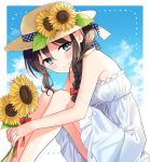  1girl bangs blue_eyes blush bow braid brown_hair clouds day dress flower hair_bow hat hat_flower holding holding_flower jewelry kantai_collection naoto_(tulip) red_bow remodel_(kantai_collection) ribbon ring shigure_(kantai_collection) single_braid sitting sky sleeveless sleeveless_dress smile solo sun_hat sundress sunflower white_dress 