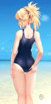  1girl absurdres adjusting_clothes adjusting_swimsuit aqua_eyes ass bare_arms bare_shoulders blonde_hair blue_sky blue_swimsuit choukoukou_no_diaosi commentary_request day fate/grand_order fate_(series) fingernails highres long_hair looking_at_viewer looking_back mordred_(fate) mordred_(fate)_(all) ocean one-piece_swimsuit outdoors ponytail school_swimsuit shiny shiny_clothes signature sky solo swimsuit thighs tied_hair water 