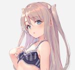  1girl blue_eyes blush bow bra breasts commentary_request eyebrows_visible_through_hair grey_background hair_bow hand_on_own_chest light_brown_hair long_hair looking_at_viewer original parted_lips shirabi simple_background small_breasts solo two_side_up underwear upper_body 