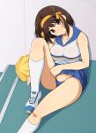  1girl blush breasts brown_hair cheerleader eyebrows_visible_through_hair full_body hairband haruhisky highres large_breasts looking_at_viewer panties pom_poms shiny shiny_hair shiny_skin shoes short_hair smile solo suzumiya_haruhi suzumiya_haruhi_no_yuuutsu underwear 