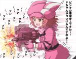  1girl afterimage animal_ears animal_hat brown_eyes bullpup commentary cosplay firing girls_und_panzer gloves gun hat highres holding holding_weapon jacket llenn_(sao) llenn_(sao)_(cosplay) long_sleeves medium_hair motion_blur motion_lines omachi_(slabco) open_mouth p-chan_(p-90) p90 pink_gloves pink_headwear pink_jacket pink_scarf rabbit_ears redhead rosehip running scarf smile solo stand standing submachine_gun sword_art_online sword_art_online_alternative:_gun_gale_online translated weapon 
