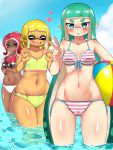 3girls :o ass_visible_through_thighs ball bangs beachball bikini blonde_hair blue_eyes blue_sky blunt_bangs breasts claw_pose closed_eyes closed_mouth clouds cloudy_sky commentary dark_skin day domino_mask fang female_pervert flat_chest front-tie_bikini front-tie_top green_hair groin heart highres holding holding_ball holding_weapon inkling long_hair makeup mascara mask medium_hair multiple_girls navel octoling octoshot_(splatoon) open_mouth outdoors penginmaru pervert pink_bikini pointy_ears red_eyes redhead saliva short_hair skindentation sky small_breasts sparkle splatoon_(series) splatoon_2 splatoon_2:_octo_expansion striped striped_bikini suction_cups swimsuit tan thighs v-shaped_eyebrows very_long_hair wading weapon white_bikini yellow_bikini 