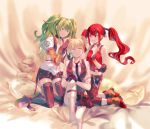  3girls artist_request blanket blonde_hair cz-75_(girls_frontline) english_commentary fingerless_gloves girls_frontline gloves green_eyes green_hair highres m950a_(girls_frontline) multiple_girls pillow red_eyes redhead shoes shorts sleepover socks stuffed_animal stuffed_toy teddy_bear thigh-highs twintails welrod_mk2_(girls_frontline) yellow_eyes 