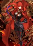 1girl black_gloves bodysuit boots breasts cape fate/grand_order fate_(series) gloves greaves grin hair_over_one_eye highres karlwolf katana long_hair looking_at_viewer oda_nobunaga_(maou_avenger)_(fate) red_eyes redhead sheath sheathed skull smile solo sword weapon 