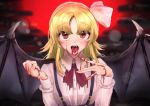  1girl arms_up ascot bangs bat_wings blonde_hair blood blood_in_mouth blood_on_face bloody_hands blurry bokeh clouds depth_of_field eyebrows_visible_through_hair eyes_visible_through_hair fangs fingernails full_moon hair_ribbon hayasumi_(_holiday_ha) highres kurumi_(touhou) long_hair long_sleeves looking_at_viewer moon night open_mouth outdoors parted_bangs red_eyes red_moon red_nails red_neckwear ribbon sharp_fingernails shirt skirt solo suspender_skirt suspenders touhou touhou_(pc-98) upper_body upper_teeth vampire white_shirt wings 