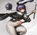  1girl animal_ears bangs black_hair bodysuit breast_hold breasts bunny_tail cape chain flail highres large_breasts looking_at_viewer morning_star obaoba_(monkeyix) original pauldrons rabbit_ears red_eyes short_hair simple_background solo tail vambraces weapon white_bodysuit 