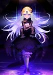  1girl abigail_williams_(fate/grand_order) bangs barefoot black_bow black_dress black_headwear blonde_hair bloomers bow bug butterfly closed_mouth commentary_request dress fate/grand_order fate_(series) hair_bow hat highres insect long_hair long_sleeves looking_at_viewer object_hug orange_bow parted_bangs polka_dot polka_dot_bow sleeves_past_fingers sleeves_past_wrists solo soupchan sparkle standing stuffed_animal stuffed_toy teddy_bear tentacles underwear very_long_hair violet_eyes white_bloomers 