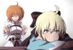  2girls ahoge angry black_bow black_scarf blonde_hair blush bow breasts closed_eyes eyebrows_visible_through_hair fate/grand_order fate_(series) fujimaru_ritsuka_(female) fujitaka_nasu hair_between_eyes hair_bow highres japanese_clothes kimono koha-ace multiple_girls okita_souji_(fate) okita_souji_(fate)_(all) orange_hair pout scarf short_hair solo yellow_eyes 