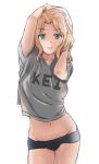  1girl absurdres arm_up black_panties blonde_hair blue_eyes casual character_name clothes_writing commentary cowboy_shot eyebrows_visible_through_hair girls_und_panzer grey_shirt groin hair_intakes hands_in_hair highres kay_(girls_und_panzer) light_smile long_hair looking_at_viewer midriff munisuke_(zrkt7883) navel no_pants panties parted_lips saunders_school_uniform school_uniform shirt short_sleeves simple_background solo standing t-shirt underwear white_background 