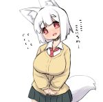  1girl :d animal_ear_fluff animal_ears blush breasts brown_cardigan cardigan collarbone collared_shirt commentary_request fang flying_sweatdrops fox_ears fox_girl fox_tail green_skirt head_tilt large_breasts long_sleeves nose_blush open_mouth original pleated_skirt red_eyes red_neckwear shirt short_eyebrows short_hair simple_background skirt sleeves_past_wrists smile solo tail thick_eyebrows translated u-non_(annon&#039;an) white_background white_hair white_shirt 