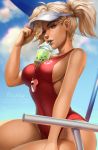  1girl artist_name baywatch blonde_hair blue_sky breasts bubble_tea bubble_tea_challenge clouds collarbone covered_navel cup day disposable_cup drinking drinking_straw eyebrows eyelashes fingernails glint hand_on_headwear highres large_breasts lifeguard looking_at_viewer mavoly medium_hair meme mercy_(overwatch) nose object_on_breast one-piece_swimsuit outdoors overwatch parted_lips pink_lips red_swimsuit sideboob signature sitting sky sleeveless smile solo summer swimsuit visor_cap watermark web_address whistle whistle_around_neck 