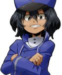  1girl andou_(girls_und_panzer) aono3 bangs bc_freedom_(emblem) bc_freedom_military_uniform black_hair blue_headwear blue_jacket blue_vest brown_eyes crossed_arms dark_skin emblem girls_und_panzer hat high_collar highres jacket looking_at_viewer medium_hair messy_hair shako_cap simple_background smile solo teeth vest white_background 