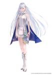  1girl arms_at_sides blue_eyes boots cloak copyright_request eyebrows_visible_through_hair full_body high_collar highres long_hair looking_at_viewer see-through skirt sleeveless solo sousou_(sousouworks) thigh_pouch white_background white_cloak white_footwear white_hair white_skirt 