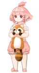  1girl animal bangs bare_shoulders blush braid bright_pupils closed_mouth criss-cross_halter final_fantasy final_fantasy_xiv frown full_body halterneck highres holding holding_animal kkaebing lalafell legs_apart pink_footwear pink_hair pink_shorts pointy_ears puffy_shorts red_eyes red_panda short_hair shorts simple_background slippers standing twin_braids white_background white_pupils 