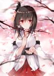  1girl bangs bare_shoulders black_hair blurry blurry_background blush breasts cherry_blossoms commentary_request covered_mouth depth_of_field detached_sleeves eyebrows_visible_through_hair flower hair_between_eyes highres japanese_clothes kantai_collection kimono kinona long_hair long_sleeves looking_at_viewer medium_breasts obi petals pink_flower pleated_skirt red_eyes red_skirt sash sidelocks skirt sleeveless sleeveless_kimono solo tree_branch white_kimono white_sleeves wide_sleeves yamashiro_(kantai_collection) 