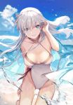  1girl :d anastasia_(fate/grand_order) bangs bare_shoulders beach blue_cape blue_eyes blue_sky blush breasts cape clouds collarbone commentary cowboy_shot day eyebrows_visible_through_hair fate/grand_order fate_(series) floating_hair groin hair_between_eyes hair_over_one_eye hair_tucking hairband leaning_forward long_hair looking_at_viewer medium_breasts ocean open_mouth outdoors ritsuki sand signature silver_hair sky smile solo swimsuit very_long_hair wet white_swimsuit wind 