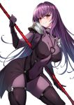  1girl absurdres bodysuit breasts covered_navel covered_nipples fate/grand_order fate_(series) gae_bolg hair_intakes highres holding holding_weapon large_breasts leotard long_hair looking_at_viewer pauldrons polearm purple_bodysuit purple_hair purple_leotard red_eyes scathach_(fate)_(all) scathach_(fate/grand_order) shoulder_armor simple_background smile solo spear weapon white_background yamanokami_eaka 