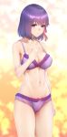  1girl bangs bare_shoulders blush bra breasts closed_mouth collarbone fate/stay_night fate_(series) hair_between_eyes hair_ribbon large_breasts looking_at_viewer matou_sakura navel panties purple_bra purple_hair purple_panties purple_ribbon ribbon short_hair solo thighs underwear violet_eyes zucchini 