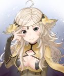  1girl ahoge blonde_hair cape center_opening closed_mouth fire_emblem fire_emblem_fates gradient gradient_background grey_eyes haru_(nakajou-28) long_hair ophelia_(fire_emblem) simple_background smile solo upper_body 