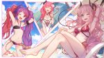  3girls ;d ^_^ arm_behind_head armpits arms_up bare_arms bare_legs bare_shoulders barefoot bikini blue_eyes blue_sky blush breasts chain closed_eyes clouds commentary_request crossed_legs day demon_horns demon_tail flat_chest flower hair_flower hair_ornament hair_over_shoulder halterneck hasekura_io heart highres horns large_breasts long_hair looking_at_viewer m-ya medium_breasts minami_suzuna multicolored_hair multiple_girls nail_polish navel one-piece_swimsuit one_eye_closed open_mouth outdoors palm_tree pink_hair princess_connect! princess_connect!_re:dive purple_hair red_bikini red_eyes redhead sitting sky smile stomach swimsuit tail tamaizumi_misaki thighs tree twintails two-tone_hair very_long_hair wet white_flower white_swimsuit 