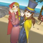  2girls :p a_hat_in_time blue_eyes brown_hair cape closed_mouth commentary dress facial_hair hat hat_kid hood long_hair looking_at_viewer mi8pq multiple_girls mustache mustache_girl open_mouth sidelocks smile tongue tongue_out top_hat 