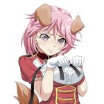  1girl animal_ears breasts collar dog_ears dog_tail frills giuseppe_garibaldi_(kantai_collection) gloves hands_up highres kantai_collection lavender_eyes leash looking_at_viewer paw_pose pink_hair short_hair short_sleeves simple_background solo tail tk8d32 upper_body wavy_mouth white_background 