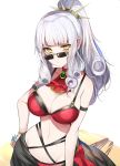  1girl alternate_costume armlet bare_shoulders bikini breasts carmilla_(fate/grand_order) choker commentary_request cravat curly_hair eyebrows_visible_through_hair eyes_visible_through_hair fate/grand_order fate_(series) fingernails groin hairband hand_on_hip highres hime_cut jeweled_cravat large_breasts long_fingernails luse_maonang navel ponytail red_swimsuit simple_background solo summertime_mistress_(fate/grand_order) sunglasses swimsuit white_background white_hair yellow_eyes 