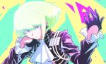  1boy absurdres black_gloves black_jacket buckle closed_mouth cravat earrings face fire frilled_sleeves frills gloves green_hair half_gloves highres huge_filesize jacket jewelry jipponwazaari lio_fotia male_focus promare simple_background solo upper_body violet_eyes 