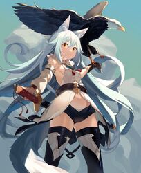  1girl animal animal_ears bangs bare_shoulders bird black_legwear black_shorts blue_hair blue_sky breasts brown_gloves closed_mouth clouds cloudy_sky commentary_request day detached_sleeves dress eagle fang fang_out fox_ears fox_girl fox_tail gloves hair_between_eyes katana long_hair long_sleeves original outdoors panties peroncho puffy_long_sleeves puffy_sleeves ready_to_draw red_eyes sheath sheathed short_eyebrows short_shorts shorts single_detached_sleeve single_glove sky sleeveless sleeveless_dress small_breasts smile solo standing sword tail thick_eyebrows thigh-highs underwear very_long_hair weapon white_dress white_panties white_sleeves 