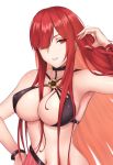  1girl armpits bangs bare_shoulders bikini black_bikini black_choker breasts choker crimecrime fate/grand_order fate_(series) grin hair_over_one_eye hand_on_hip hand_up highres large_breasts long_hair looking_at_viewer navel oda_nobunaga_(maou_avenger)_(fate) red_eyes red_ribbon redhead ribbon simple_background smile solo swimsuit upper_body very_long_hair white_background wristband 