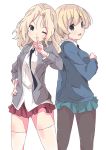 2girls back-to-back bangs black_legwear black_neckwear blazer blonde_hair blouse blue_eyes blue_skirt blue_sweater braid collared_blouse commentary cowboy_shot darjeeling dress_shirt eyebrows_visible_through_hair finger_to_mouth from_behind girls_und_panzer grey_jacket hair_intakes hand_on_hip head_tilt jacket kay_(girls_und_panzer) long_hair long_sleeves looking_at_viewer looking_back miniskirt multiple_girls necktie one_eye_closed open_clothes open_jacket open_mouth pantyhose pleated_skirt red_skirt saunders_school_uniform school_uniform shirt short_hair shushing simple_background skirt smile st._gloriana&#039;s_school_uniform standing sweater thigh-highs tied_hair tom_q_(tomtoq) white_background white_blouse white_legwear white_shirt 
